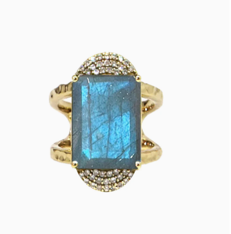 TAT2 GOLD KOSOR EMERALD CUT LABRADORITE & CRYSTAL COCKTAIL RING